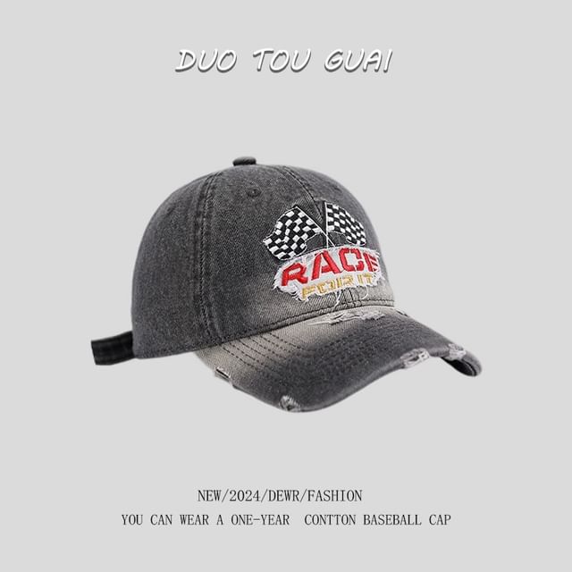 Denim Distressed Baseball Lettering Washed Cap Embroidered