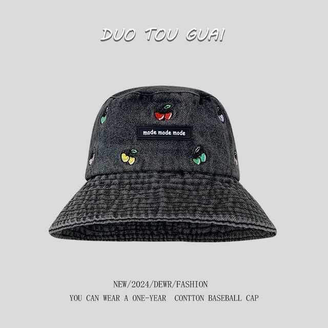 Cherry Denim Washed Hat Bucket Embroidered