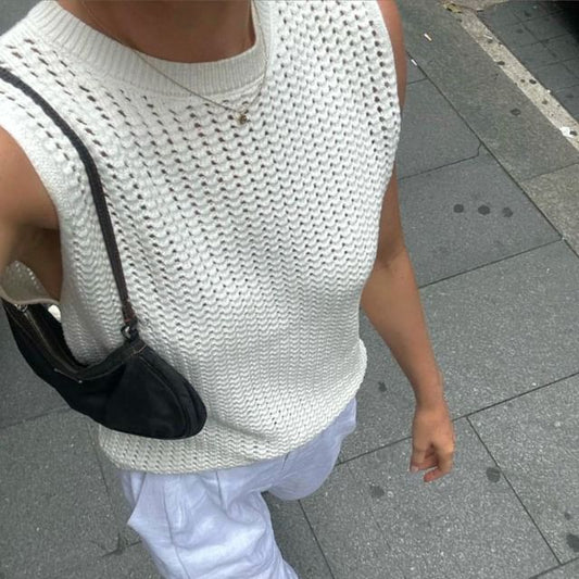Round Plain Knit Sleeveless Top Neck