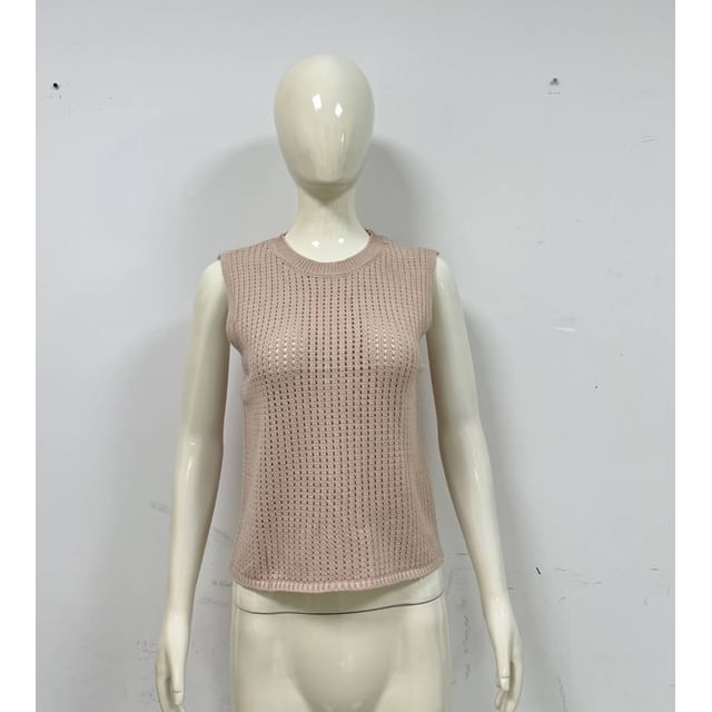 Round Plain Knit Sleeveless Top Neck