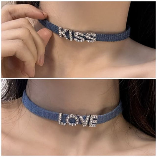 Designs) (Various Choker Denim Lettering Rhinestone