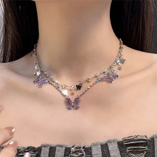 Faux Fringed Butterfly Necklace Layered Crystal