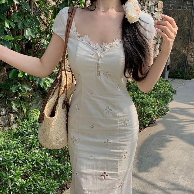 Cap-Sleeve Mermaid Buttoned Dress Lace Mini A-Line V-Neck / Panel Plain Maxi Eyelet