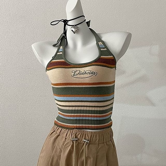 Embroidered Letter Striped Halter Top