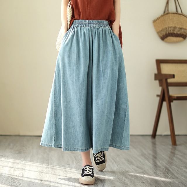 Elastic Waist Washed Denim Cropped Culottes