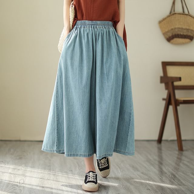 Elastic Waist Washed Denim Cropped Culottes