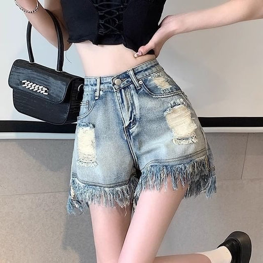 High Denim Waist Fringe Washed Shorts Distressed