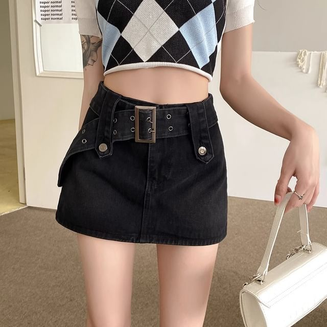 Skort Denim Belted A-Line High Mini Waist