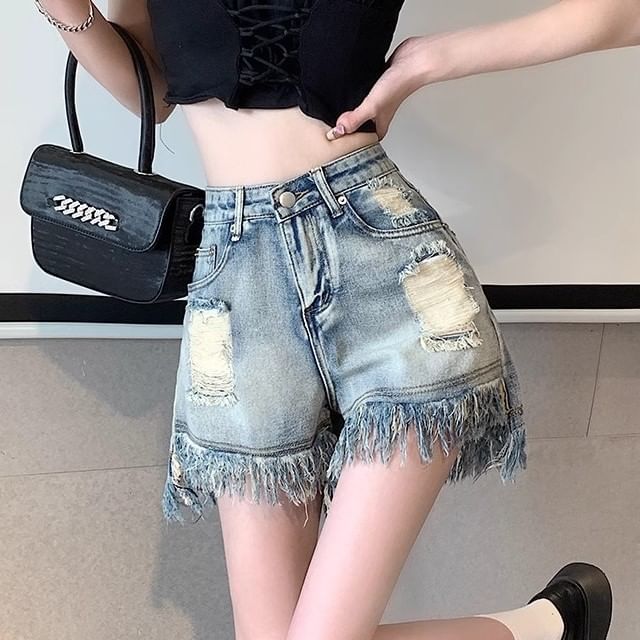 High Denim Waist Fringe Washed Shorts Distressed