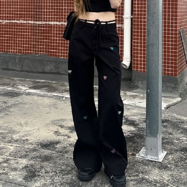 Tie-Up Bow Wide Pants Embroidered Leg Mid Waist