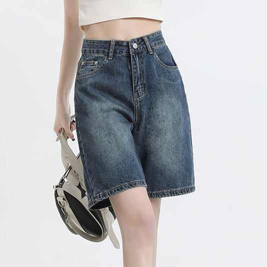 High Waist Washed Denim Shorts