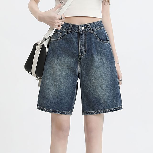 High Waist Washed Denim Shorts