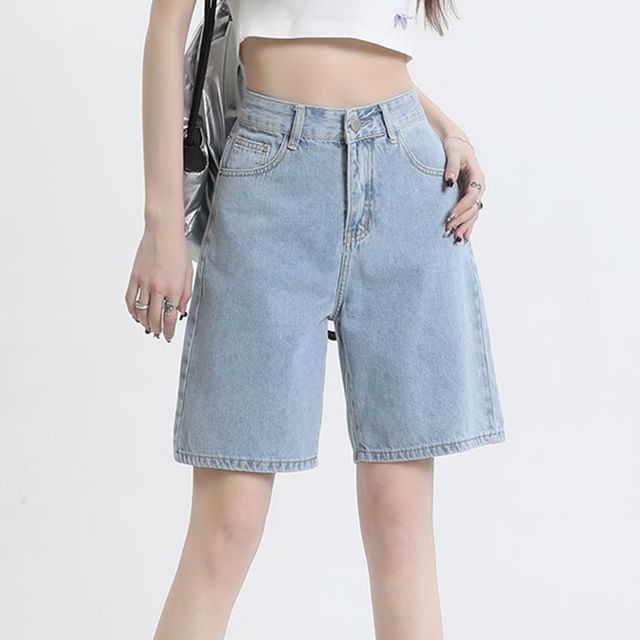 High Waist Washed Denim Shorts