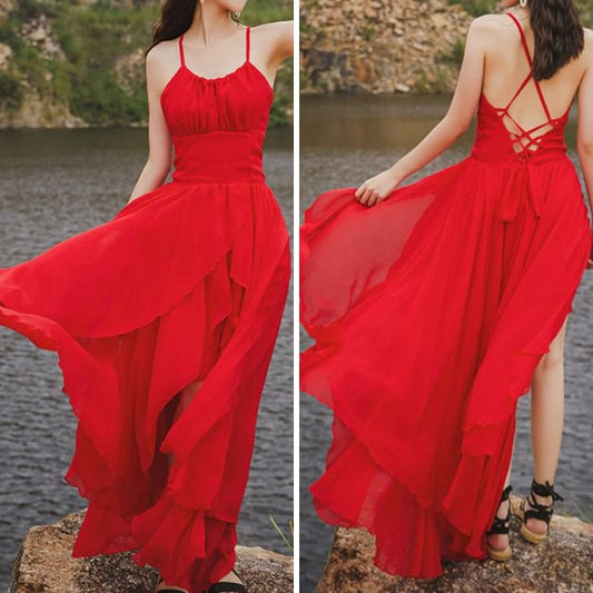 Lace-Up Sundress Plain Maxi Spaghetti Back Open Strap