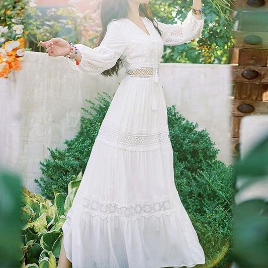 A-Line V-Neck Maxi Puff-Sleeve Lace Plain Trim Dress