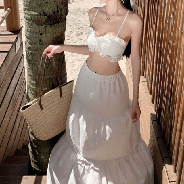 High Top Plain Set: Waist Cropped Maxi Ruffle A-Line Cami + Skirt