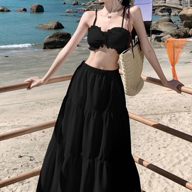 High Top Plain Set: Waist Cropped Maxi Ruffle A-Line Cami + Skirt