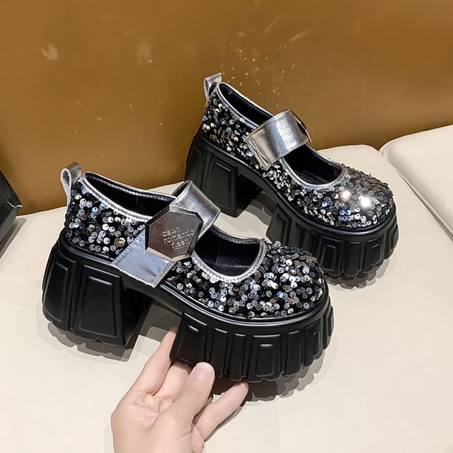 Platform Mary Jane Shoes Sequined