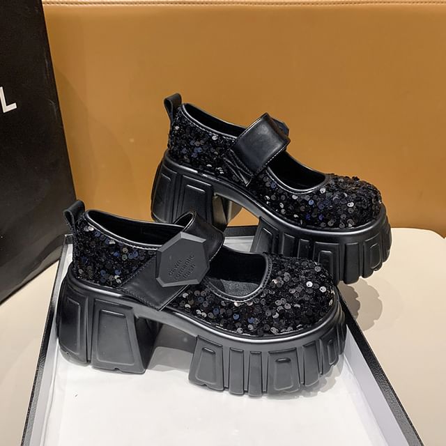 Platform Mary Jane Shoes Sequined