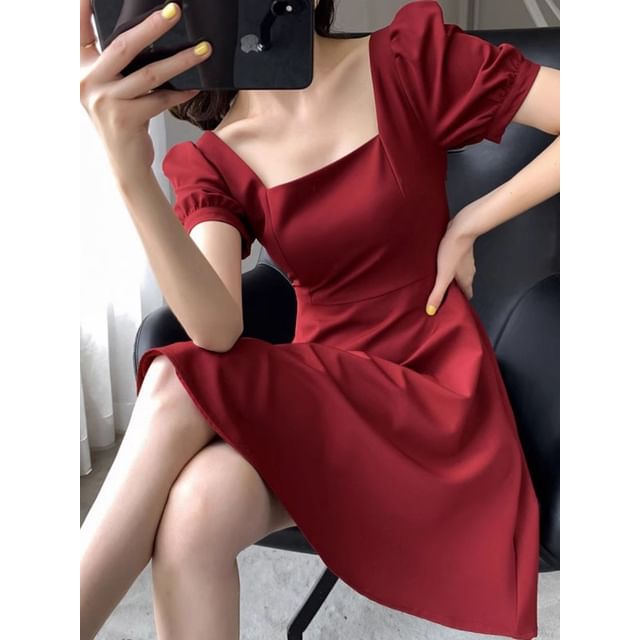 Dress Mini Square Neck Puff Plain A-Line Sleeve