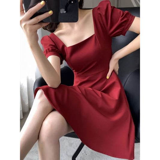 Dress Mini Square Neck Puff Plain A-Line Sleeve