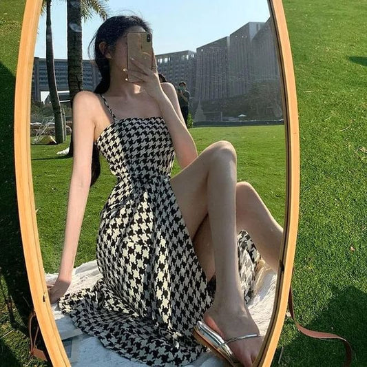 Dress Houndstooth Slit Spaghetti Maxi Strap A-Line