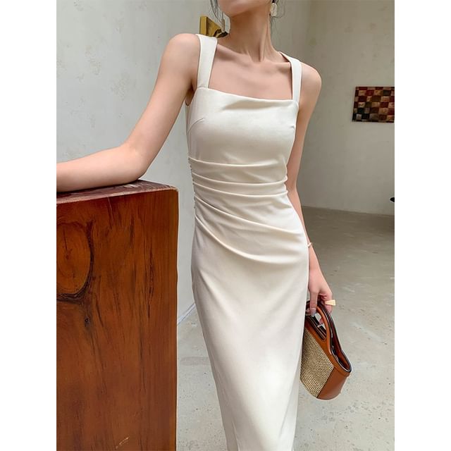 Dress Square Neck Sheath Midi Plain Sleeveless Ruched