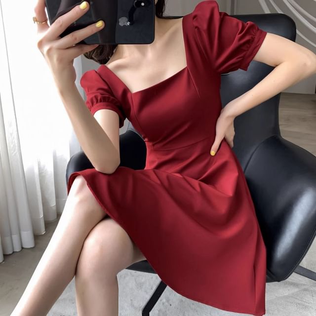 Dress Mini Square Neck Puff Plain A-Line Sleeve