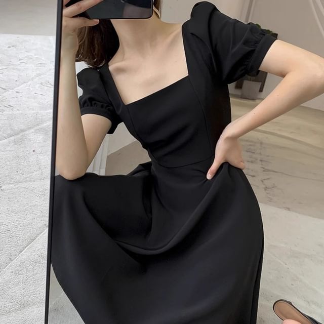 Dress Mini Square Neck Puff Plain A-Line Sleeve