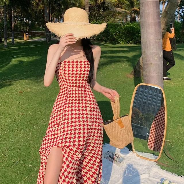 Dress Houndstooth Slit Spaghetti Maxi Strap A-Line