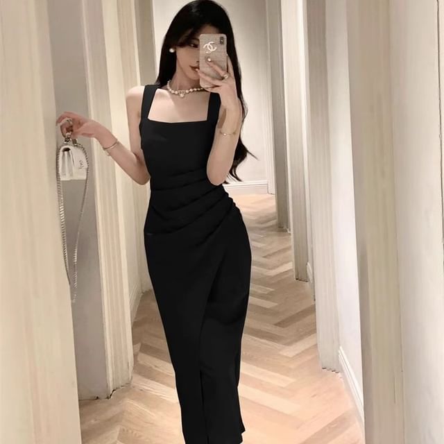 Dress Square Neck Sheath Midi Plain Sleeveless Ruched