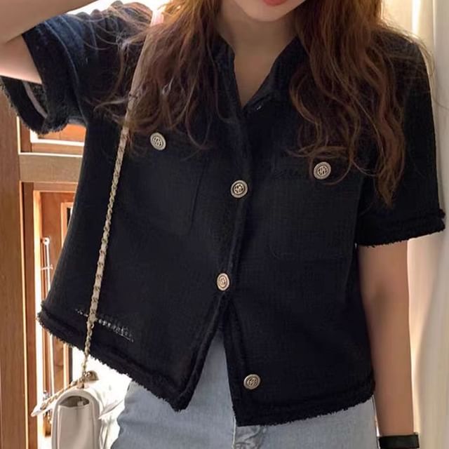 Short-Sleeve Button-Up Tweed Jacket