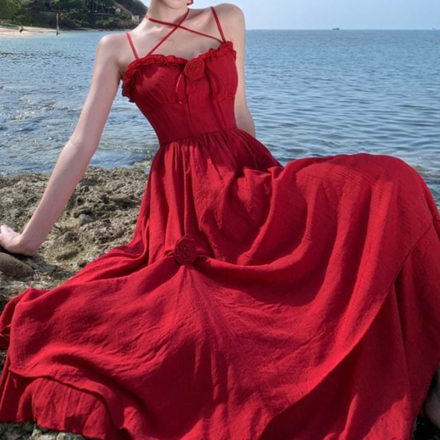 Detail Flower Plain Spaghetti Sundress Maxi Strap Ruffle