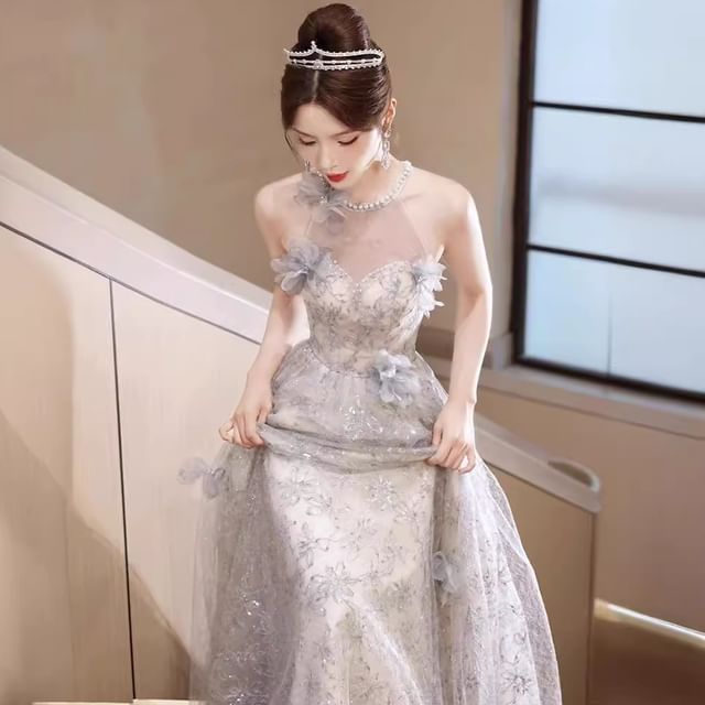 Pearl Floral Gown Neck Round Evening Mesh Faux A-Line Patterned Sleeveless