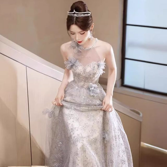 Pearl Floral Gown Neck Round Evening Mesh Faux A-Line Patterned Sleeveless