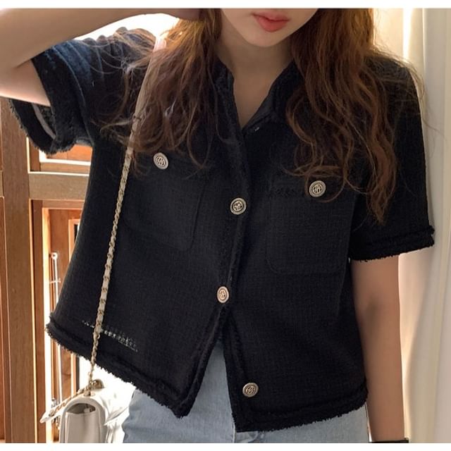 Short-Sleeve Crew Neck Plain Tweed Button-Up Crop Jacket