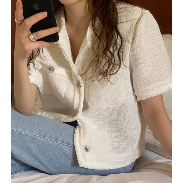 Short-Sleeve Crew Neck Plain Tweed Button-Up Crop Jacket