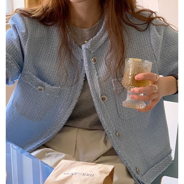 Short-Sleeve Crew Neck Plain Tweed Button-Up Crop Jacket