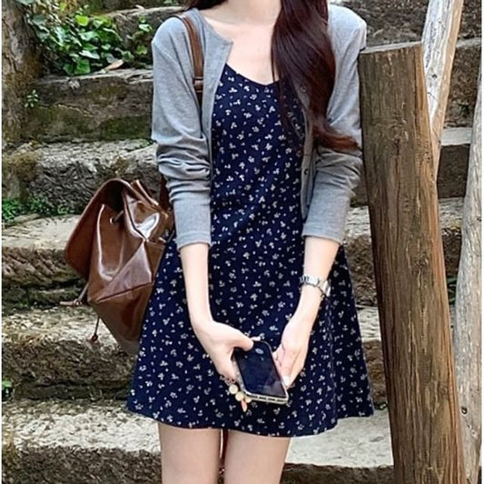 Dress / Mini Melange Floral Spaghetti Crop Strap A-Line Cardigan