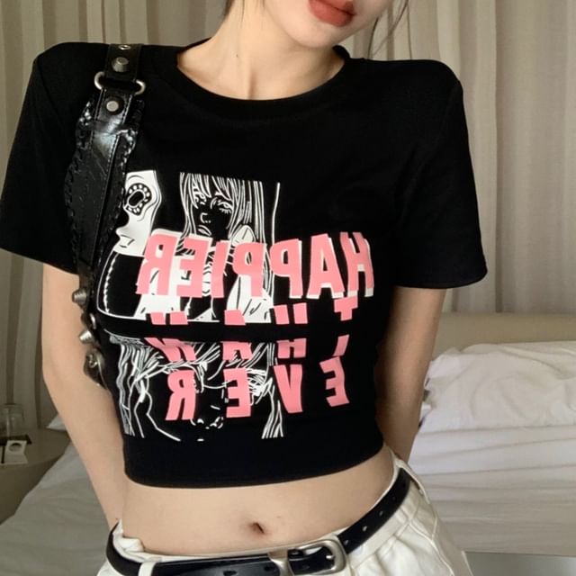 Cartoon Crop Neck Slim T-Shirt Round Short-Sleeve Print Fit