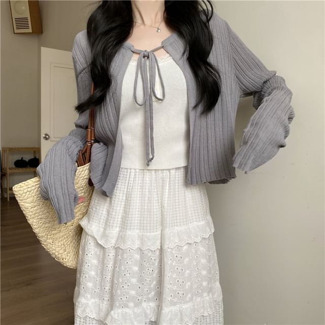 Scoop-Neck Lace Crop Cami and Ribbed Cardigan