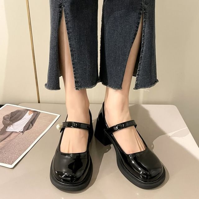 Heel Mary Patent Block Jane Shoes Pearl Faux
