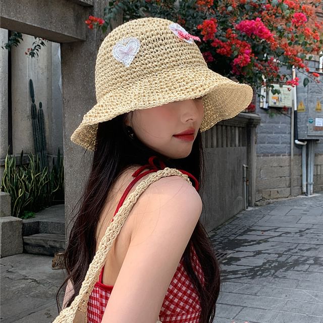 Applique Heart Straw Hat