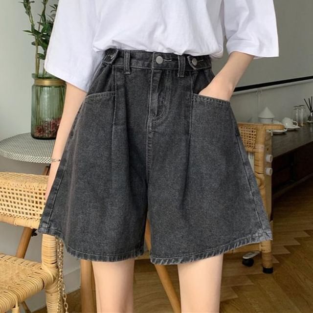 High Waist Washed Wide Leg Denim Shorts