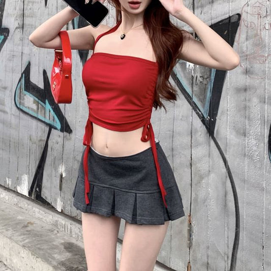 Crop Skirt Top Plain A-Line Waist Drawstring Mid Mini Halter / Pleated