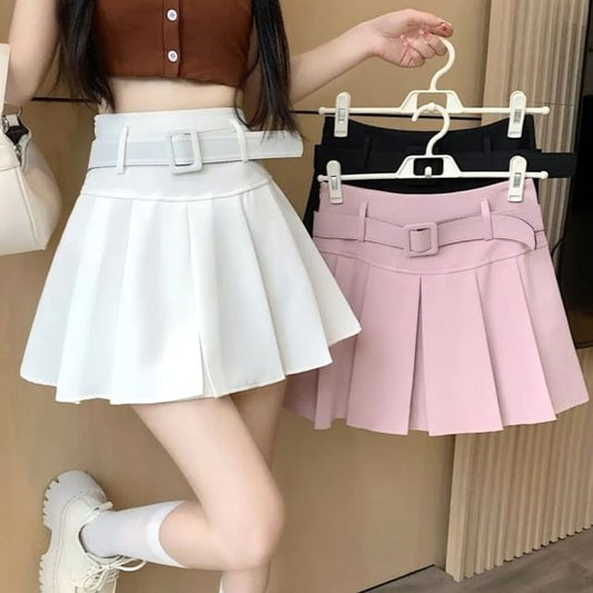 Skirt Mini Plain A-line Pleated Waist Undershorts Belt / Set High