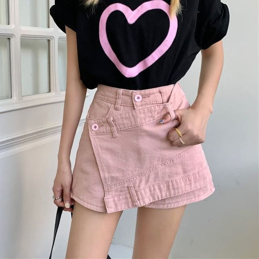 Asymmetrical Waist High Skort Denim