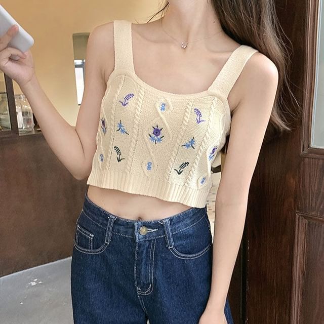 Cropped Camisole Flower Top Knit Embroidered
