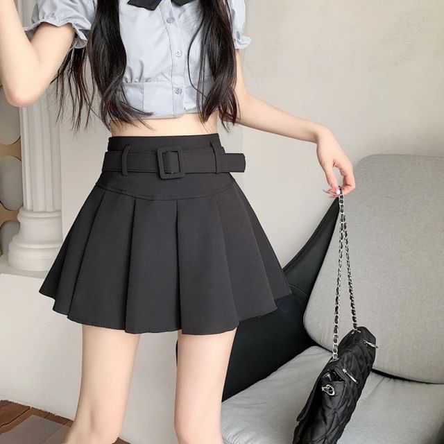 Skirt Mini Plain A-line Pleated Waist Undershorts Belt / Set High