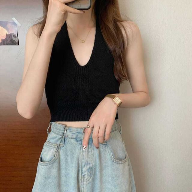 Top V-Neck Plain Cropped Knit Halter